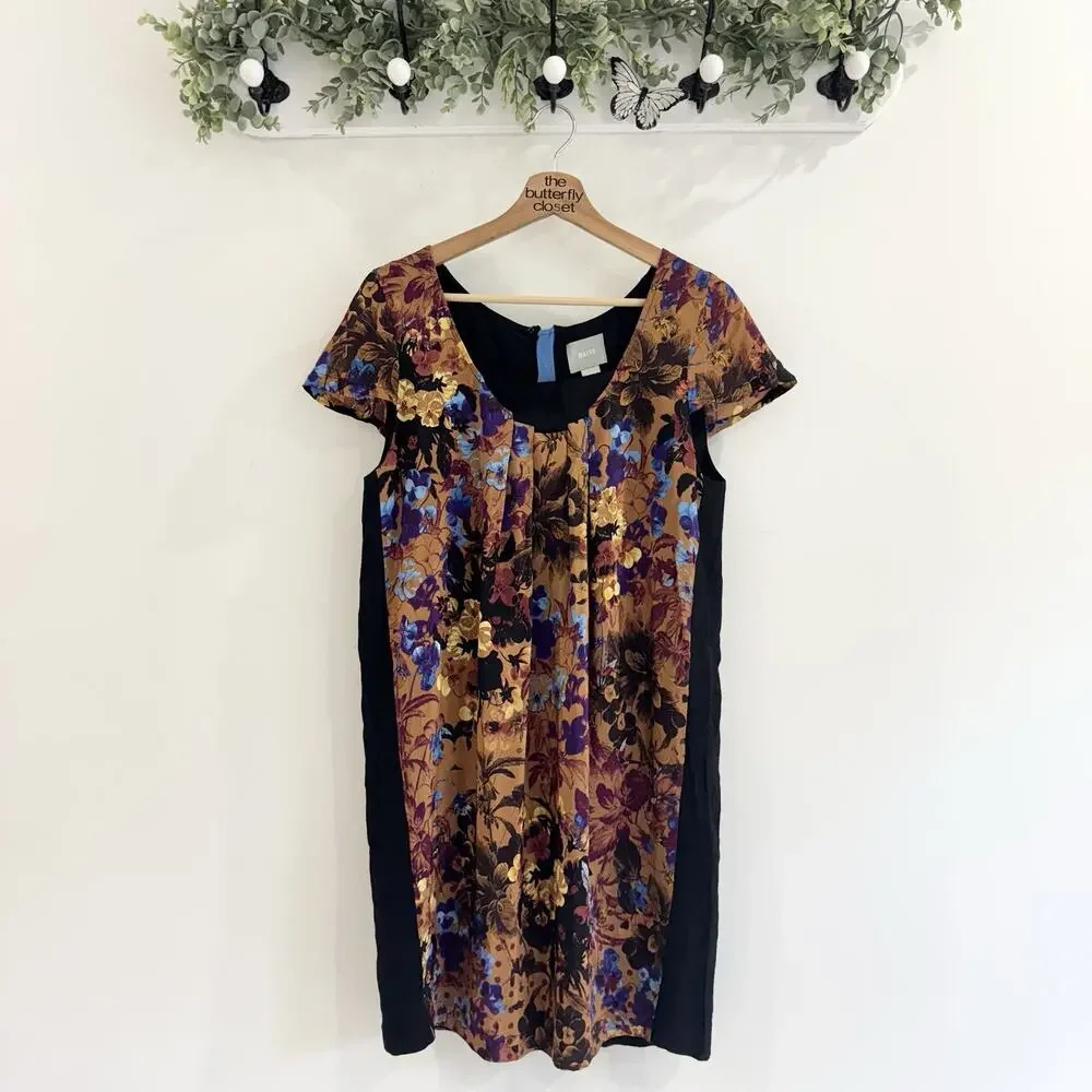 anthropologie Pintura Silk Shift Dress Dark Floral Cap Sleeve Medium FF10 - Picture 2 of 5